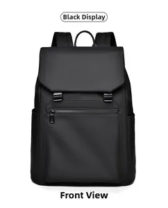 Front view of black waterproof business backpack with flap top and secure buckles