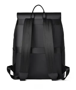 Rear view showing ergonomic padded straps and waterproof matte texture of the black backpack