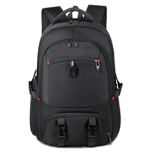 Large capacity black tactical backpack with red accents for travel and hiking