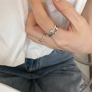 S925 silver star and moon layered open ring set with vintage hammer finish for women