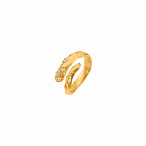 Irregular gold open ring with hammered texture and three sparkling zircon gemstones