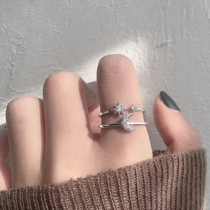 Minimalist silver celestial star and moon double-layer open ring with white zircons