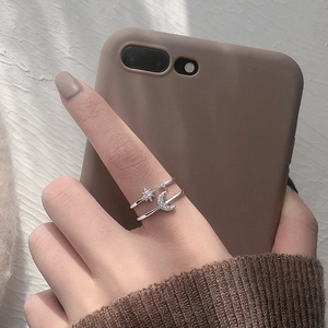 Adjustable Star And Moon Ring Copper Zircon Double Layer Open Finger Jewelry Minimalist Fashion For Women