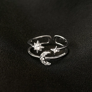 Minimalist silver moon and star double-layer open ring with sparkling cubic zirconia