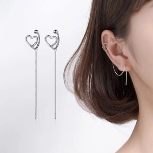 Hollow Heart Ear Thread Earring Long Tassel Copper Metal Plated Korean Style Minimalist Jewelry For Women