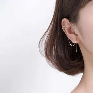Minimalist S925 sterling silver heart ear cuff and long chain threader earring set