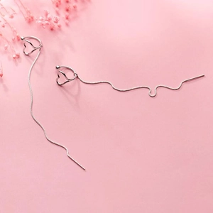 Minimalist S925 sterling silver heart ear line with long chain earrings on pink background