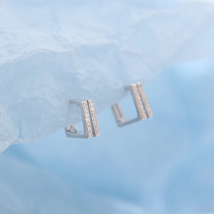 Square S925 sterling silver geometric hoop earrings with sparkling white cubic zirconia