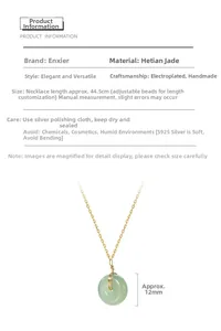 Macro detail of Hetian jade pendant necklace with gold-plated S925 silver adjustable chain