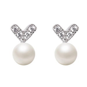 Boucles d'oreilles cœur en argent S925 avec diamants en V et perles rondes blanches