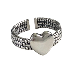 Retro S925 sterling silver heart ring with woven band and adjustable open design