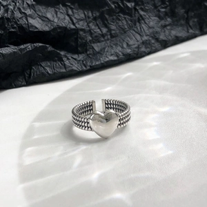 Minimalist S925 sterling silver heart open ring with triple-layer beaded vintage band