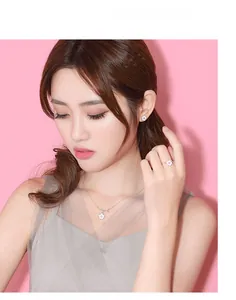 Detail view of Japanese cherry blossom necklace, earrings and ring set on model