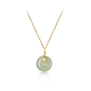 Hetian jade peace buckle pendant necklace with gold wire wrap on fine gold chain