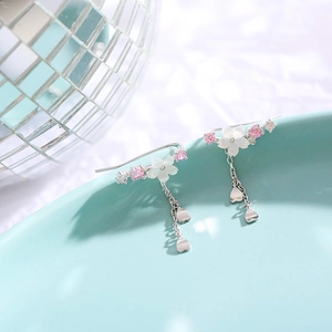 Elegant 925 sterling silver flower earrings with long tassels and pink crystal accents