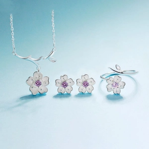 Cherry Blossom Jewelry Necklace Earrings Ring Bracelet Pink Purple Cubic Zirconia Copper Elegant Romantic Women Gift