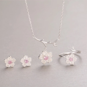 Japanese style cherry blossom jewelry set with silver necklace, earrings and open ring