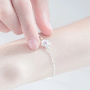 Japanese style cherry blossom bracelet in silver finish with pink zircon gemstone