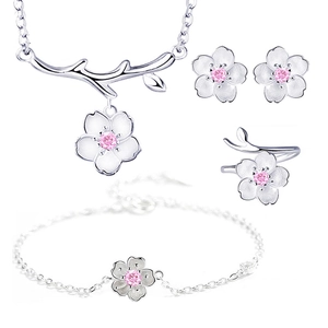 Japanese cherry blossom jewelry set with necklace earrings ring and bracelet