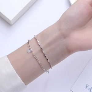 Double Layer Bracelet Copper Plated Silver Lucky Round Pendant Paperclip Bead Chain Fashion Jewelry For Women