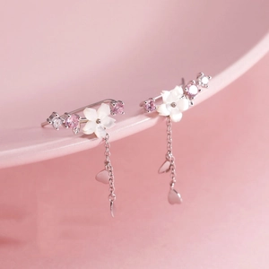 Elegant 925 silver flower drop earrings with shell petals and long tassel chains