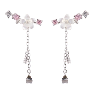 Elegant S925 silver flower tassel earrings with white shell petals and pink gemstones