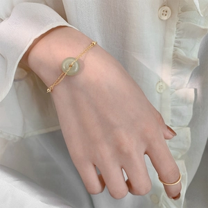 Vintage Round Hetian Jade Pingan Buckle Bracelet 18K Gold Plated Brass Adjustable Double Layer Jewelry For Women