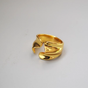 Minimalist gold open ring with fluid liquid metal wave design and polished finish