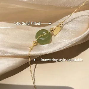 Elegant 14K gold filled Hetian jade peace buckle bracelet with adjustable chain for women