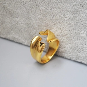 Minimalist 18K gold open adjustable ring with wave texture and high polish finish