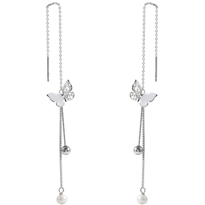 Elegant butterfly tassel earrings with silver metal finish and white pearls on white background