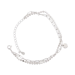 Double-layer S925 sterling silver chain bracelet with engraved Lucky round tag charm