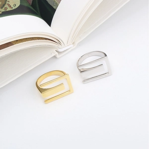 Detailed view of geometric hollow rings in gold and silver finish with minimalist style