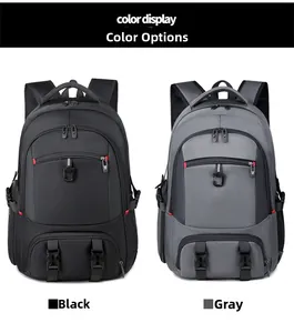 Detailed comparison of black and grey multi-pocket travel backpacks with red stitching accents