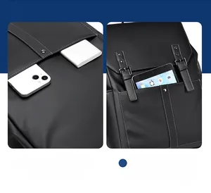 Détails des poches avant et du rabat magnétique du sac à dos étanche en cuir mat noir