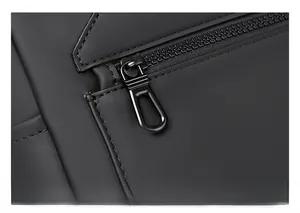 Detail of high-quality smooth metal zipper on black waterproof business backpack
