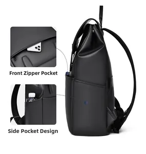 Minimalist black backpack showing front hidden zipper pocket and side water bottle holder