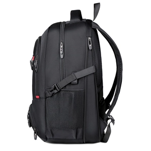 Large capacity black travel backpack with breathable mesh straps and multiple compartments