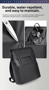 Detail showing water-repellent coating and scratch-resistant texture of the black backpack