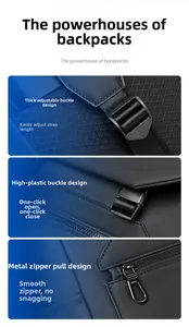 Detail view of high-quality plastic buckles, metal zippers and straps on the backpack