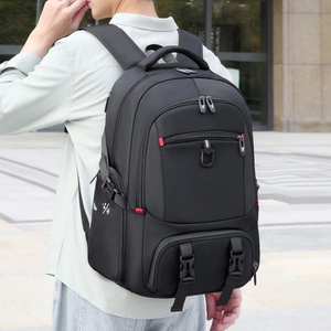 Detail view of large travel backpack with multi-layer pockets and waterproof fabric