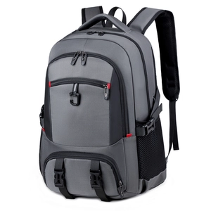 Large capacity grey outdoor travel backpack with multiple compartments and red pull cords