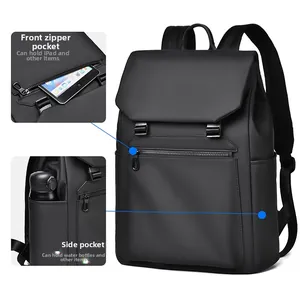 Detail of waterproof business backpack showing front tablet pocket and side water bottle holder