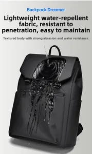 Waterproof testing showing water droplets on the surface of the black business backpack