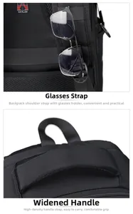 Detail of travel backpack showing wide top handle and convenient glasses attachment strap