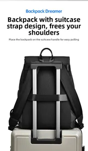 Detail showing the trolley sleeve and breathable mesh back of the black travel backpack