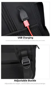 Detail of outdoor backpack with external USB charging port and adjustable buckle