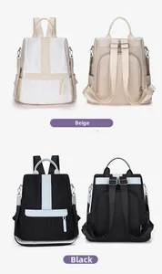 Detail view of multi-functional waterproof nylon backpacks in beige and black variants