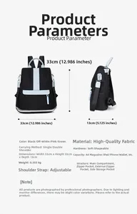 Detailed dimensions of a black nylon backpack with 33x33x13cm size and functional pockets