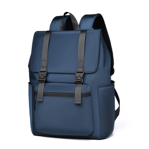Dark blue waterproof laptop backpack with double buckle straps and side pockets